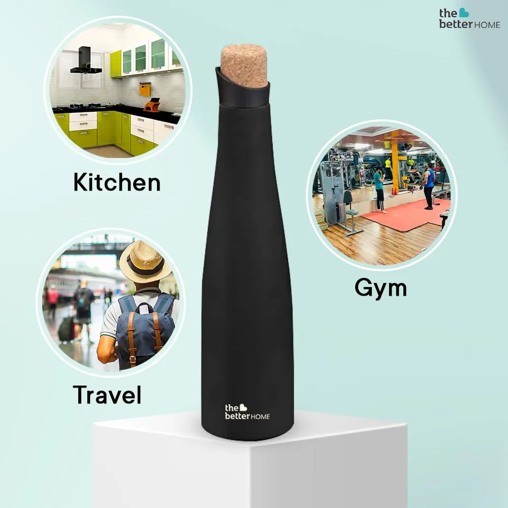 The Better Home Insulated Stainless Steel Water Bottle with Cork Cap | 18 Hours Insulation | Pack of 5-750ml Each | Hot Cold Water for Office School Gym | Leak Proof & BPA Free | Black Colour