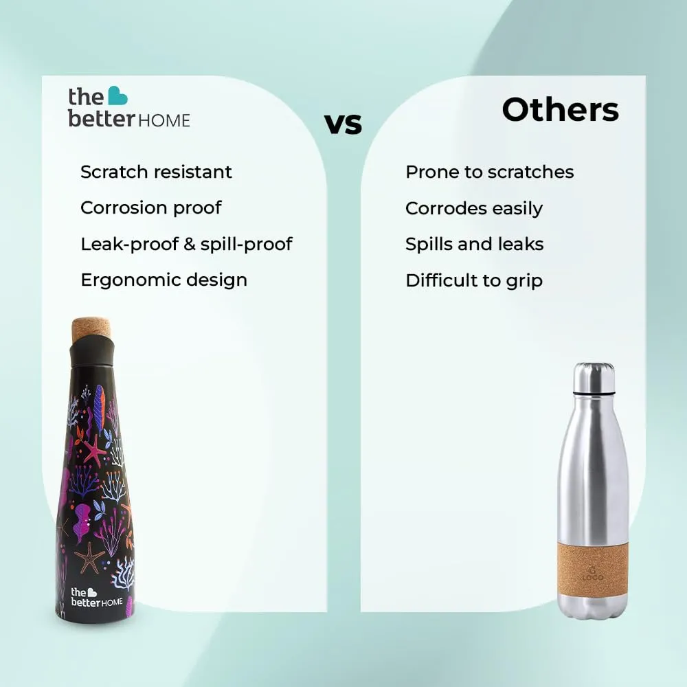 The Better Home Insulated Stainless Steel Water Bottle with Cork Cap 750ml | 8 Hrs of Insulation | Hot and Cold Water for Office | Leakproof | Diwali Gift for Friends & Family | Black Algae Print