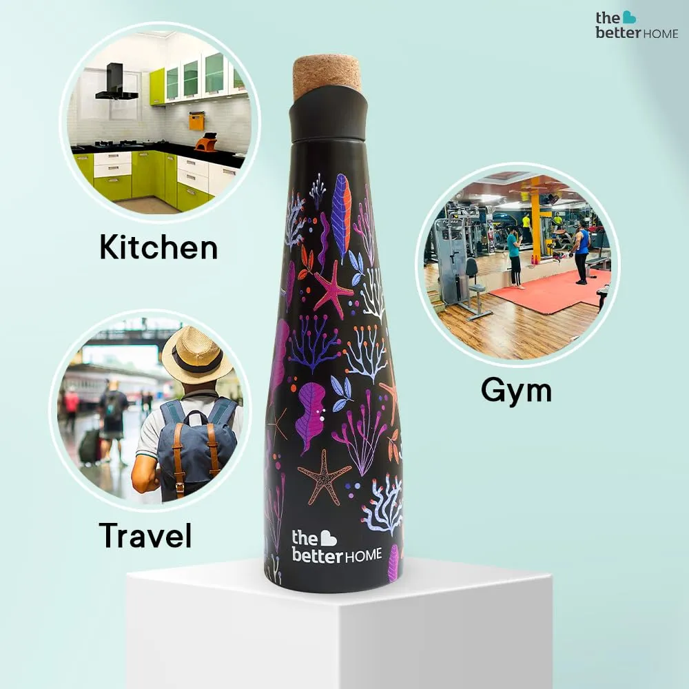 The Better Home Insulated Stainless Steel Water Bottle with Cork Cap 750ml | 8 Hrs of Insulation | Hot and Cold Water for Office | Leakproof | Diwali Gift for Friends & Family | Black Algae Print