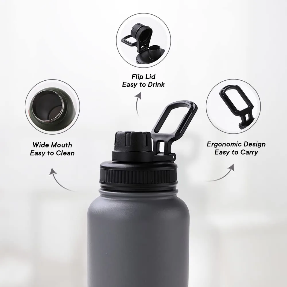 The Better Home Insulated Water Bottle 1 Litre | Double Wall Hot and Cold Water for Home, Gym, Office | Easy to Carry & Store | Insulated Stainless Steel Bottle (Pack of 1, Black - Grey)