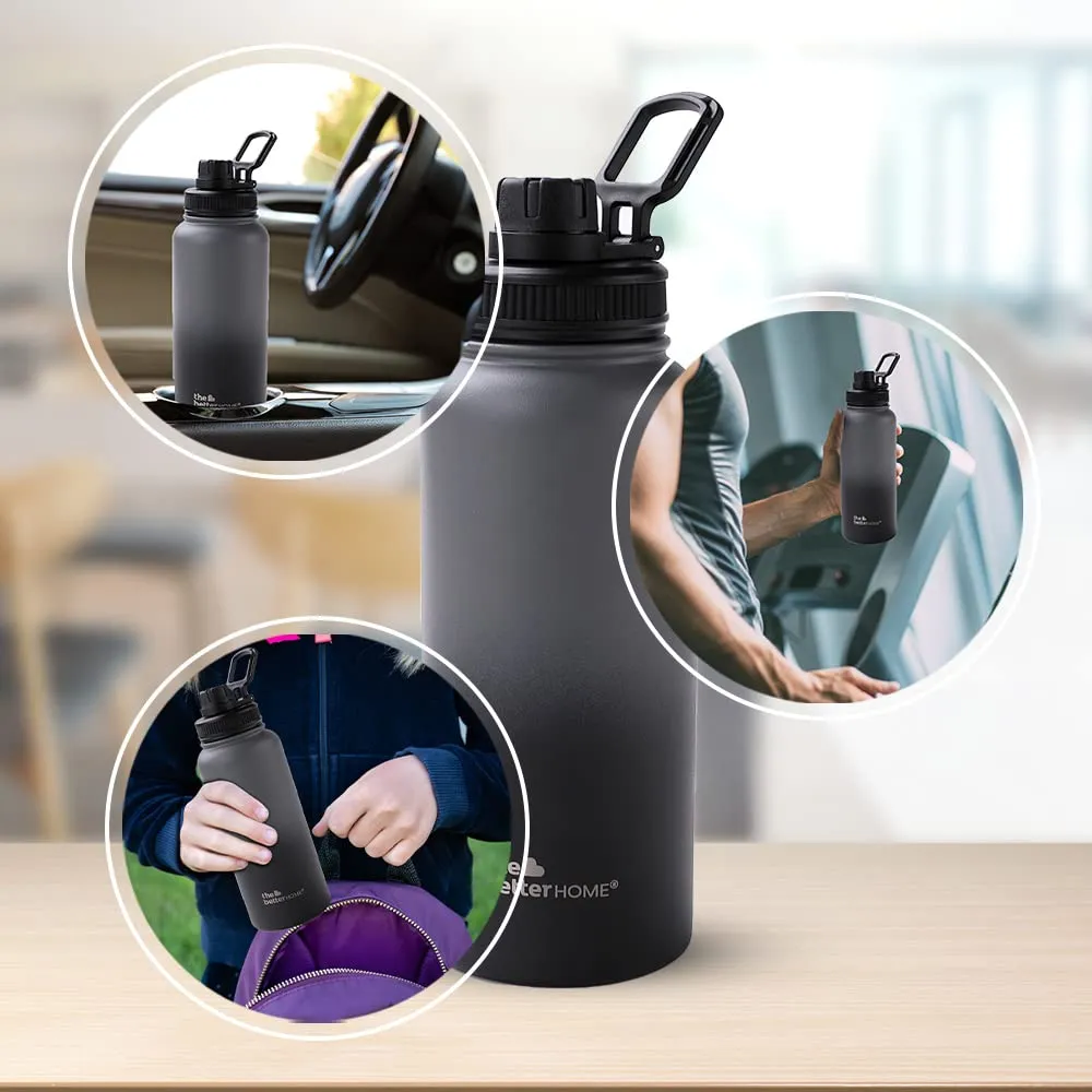 The Better Home Insulated Water Bottle 1 Litre | Double Wall Hot and Cold Water for Home, Gym, Office | Easy to Carry & Store | Insulated Stainless Steel Bottle (Pack of 1, Black - Grey)