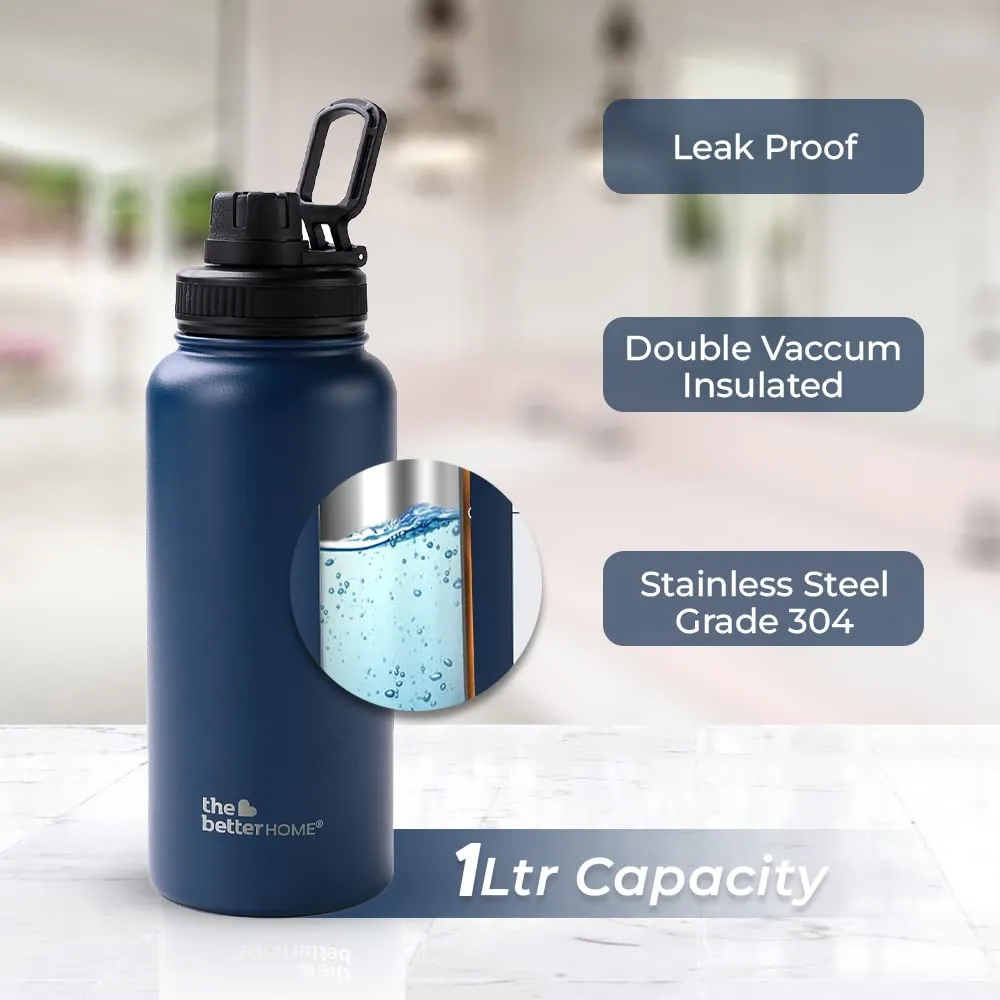 The Better Home Insulated Water Bottle 1 Litre | Double Wall Hot and Cold Water for Home, Gym, Office | Easy to Carry & Store | Insulated Stainless Steel Bottle (Pack of 1, Deep Blue)