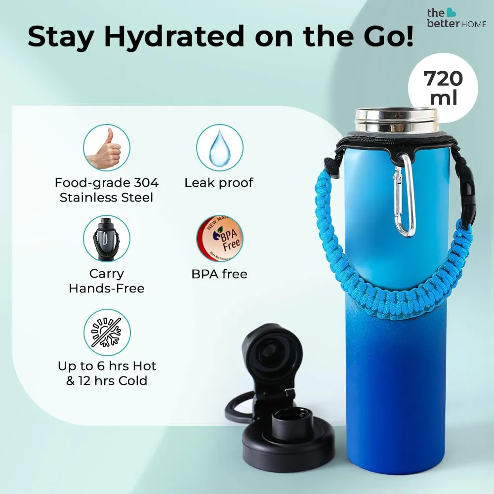 The Better Home Insulated Water Bottle for Gym Kids Office|Thermos Stainless Steel Vacuum Insulated Flask with Rope and Carabiner 18 hrs Hot Water Bottle for Boys and Girls | 750ml (Blue)