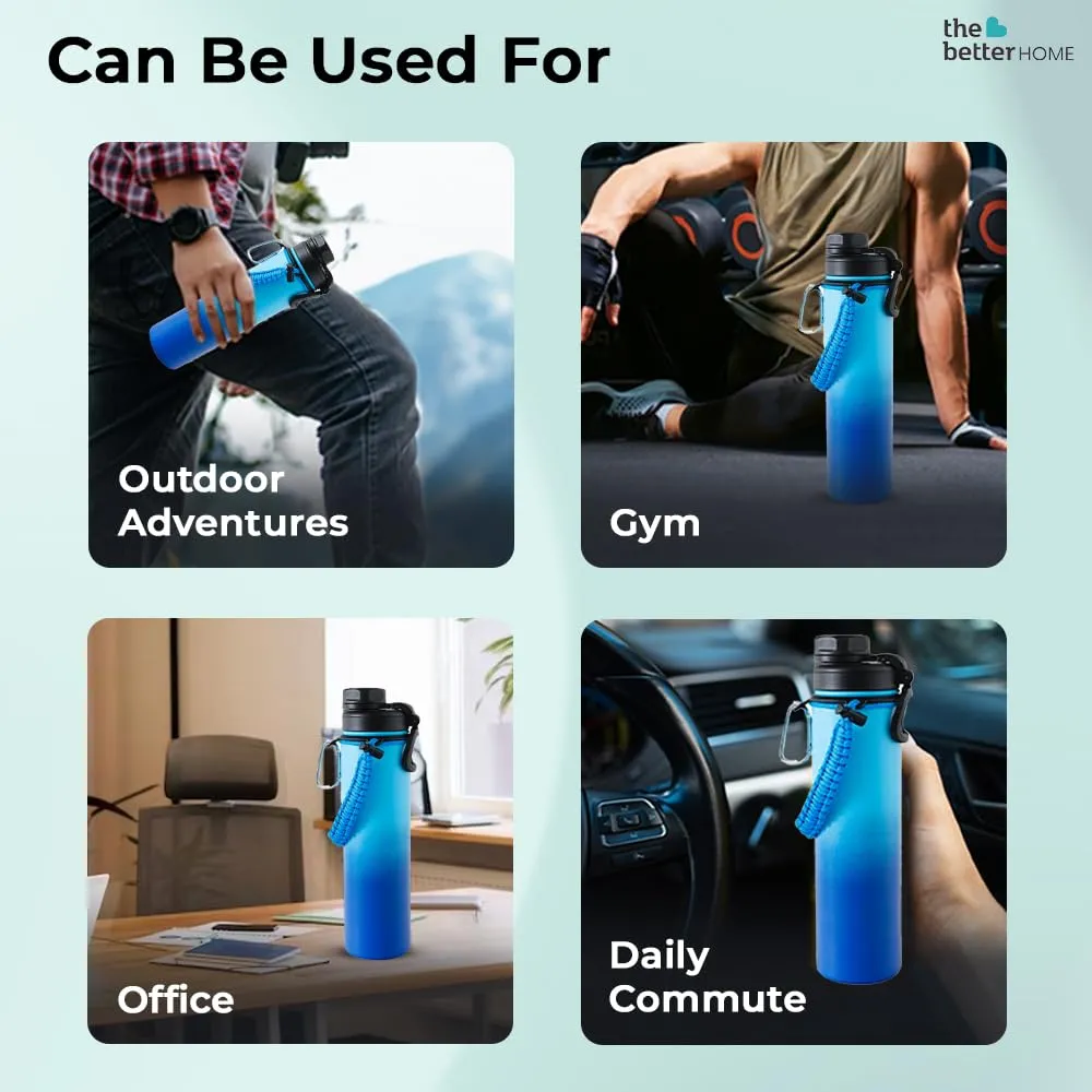 The Better Home Insulated Water Bottle for Gym Kids Office|Thermos Stainless Steel Vacuum Insulated Flask with Rope and Carabiner 18 hrs Hot Water Bottle for Boys and Girls | 750ml (Blue)