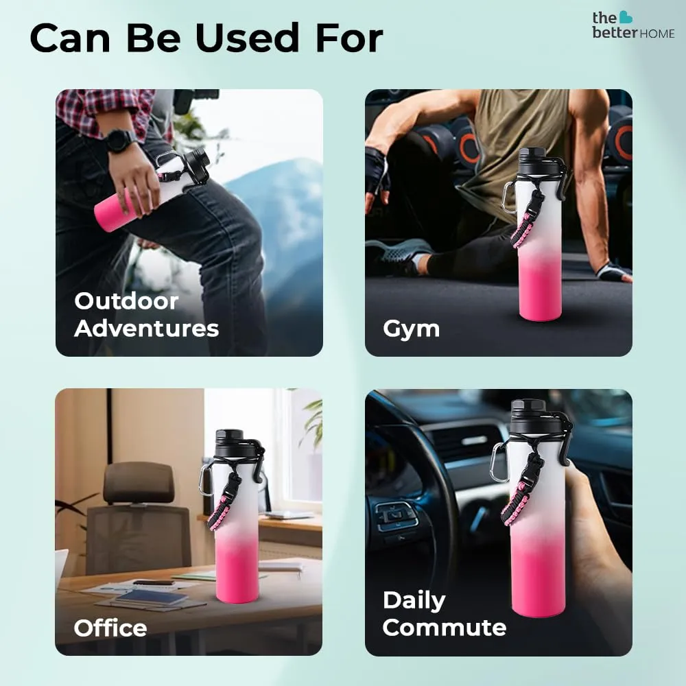 The Better Home Insulated Water Bottle for Gym Kids Office|Thermos Stainless Steel Vacuum Insulated Flask with Rope and Carabiner 18 hrs Hot Water Bottle for Boys and Girls | 750ml (Pink-White)