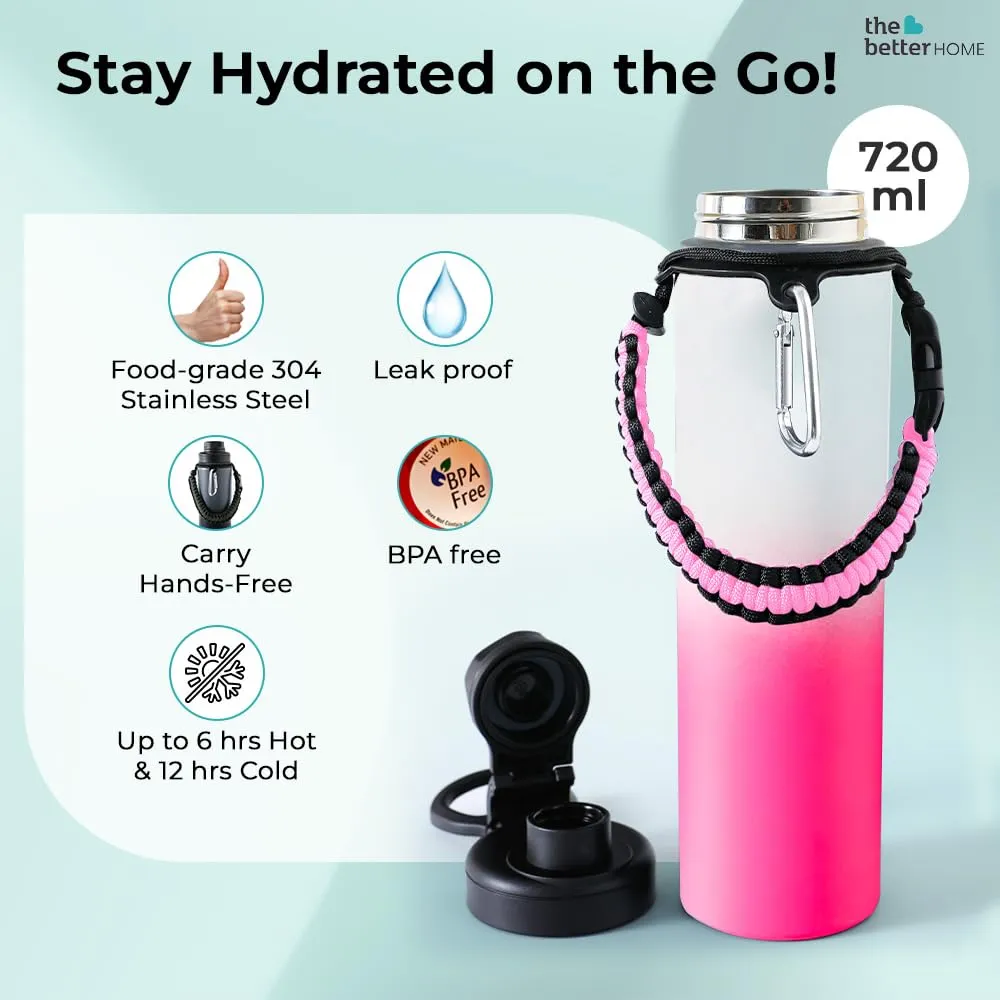 The Better Home Insulated Water Bottle for Gym Kids Office|Thermos Stainless Steel Vacuum Insulated Flask with Rope and Carabiner 18 hrs Hot Water Bottle for Boys and Girls | 750ml (Pink-White)