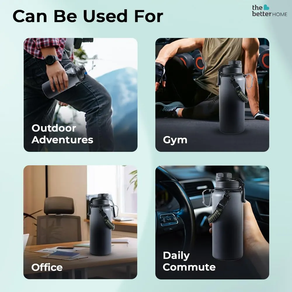 The Better Home Insulated Water Bottle for Gym Kids Office|Thermos Stainless Steel Vacuum Insulated Flask with Rope and Carabiner Hot Water Bottle for Boys and Girls | 1.2 Litre (Black-Grey)