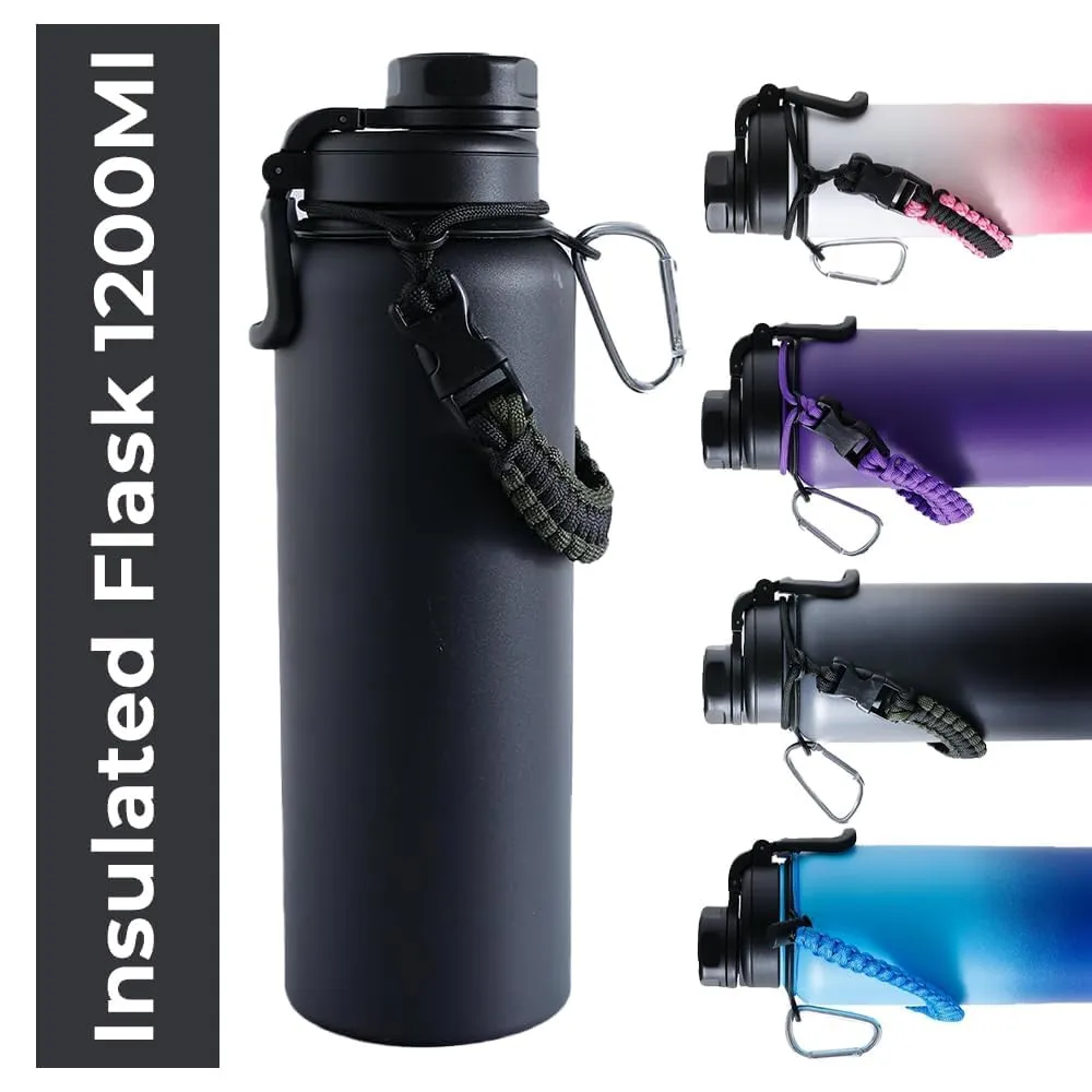 The Better Home Pack of 2 Stainless Steel Insulated Water Bottles | 960 ml Each | Thermos Flask Attachable to Bags & Gears | 6/12 hrs hot & Cold | Water Bottle for School Office Travel | Black