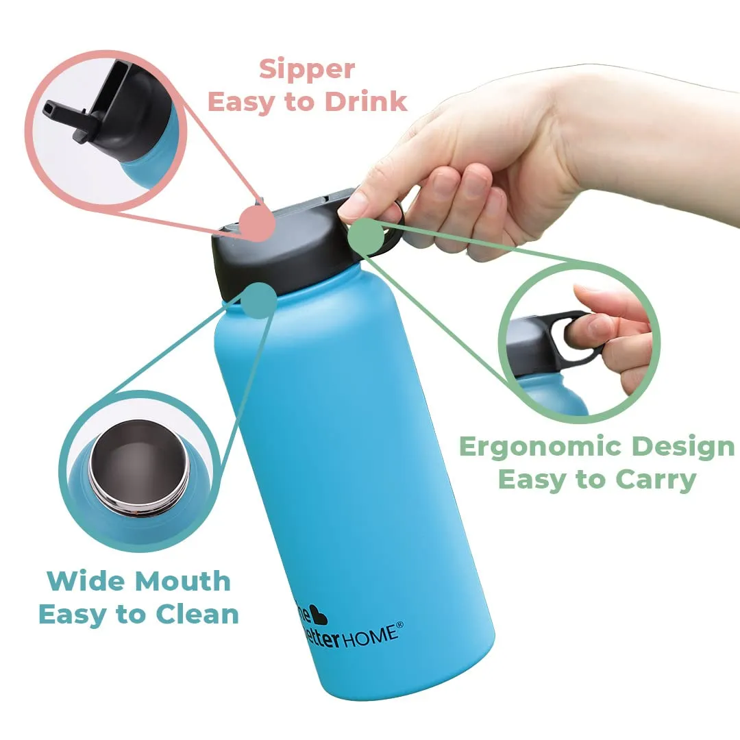 The Better Home Stainless Steel Insulated Sipper Water Bottle for Adults and Kids 1 Litre | Thermos Flask 1 Litre | Hot and Cold Insulated Water Bottle 1 Litre  (Blue, Set of 1)