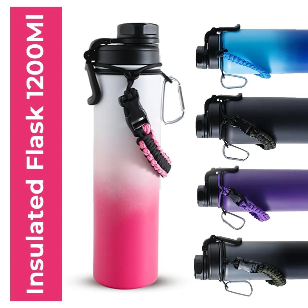 The Better Home Stainless Steel Insulated Water Bottles | 1200 ml Each | Thermos Flask Attachable to Bags & Gears | 6/12 hrs hot & Cold | Water Bottle for School Office Travel | Pink-White