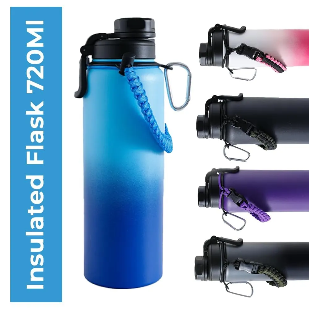 The Better Home Stainless Steel Insulated Water Bottles | 720 ml Each | Thermos Flask Attachable to Bags & Gears | 6/12 hrs hot & Cold | Water Bottle for School Office Travel | Blue-Aqua