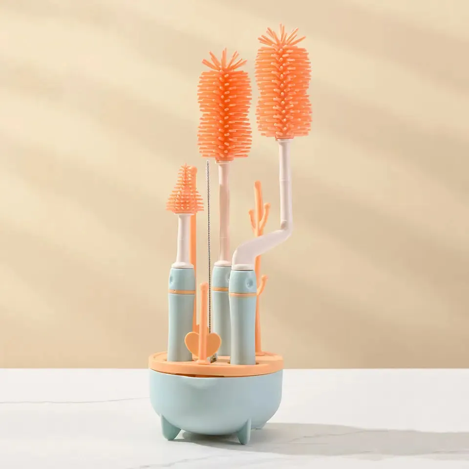 THE LITTLE LOOKERS Silicone Bottle Brush Set with Stand, 360° Rotating Silicone Bottle Cleaning Brush Cleaner Set, Long Handle 4 in 1 Multipurpose Silicone Baby Bottle Straw Cleaner Brush