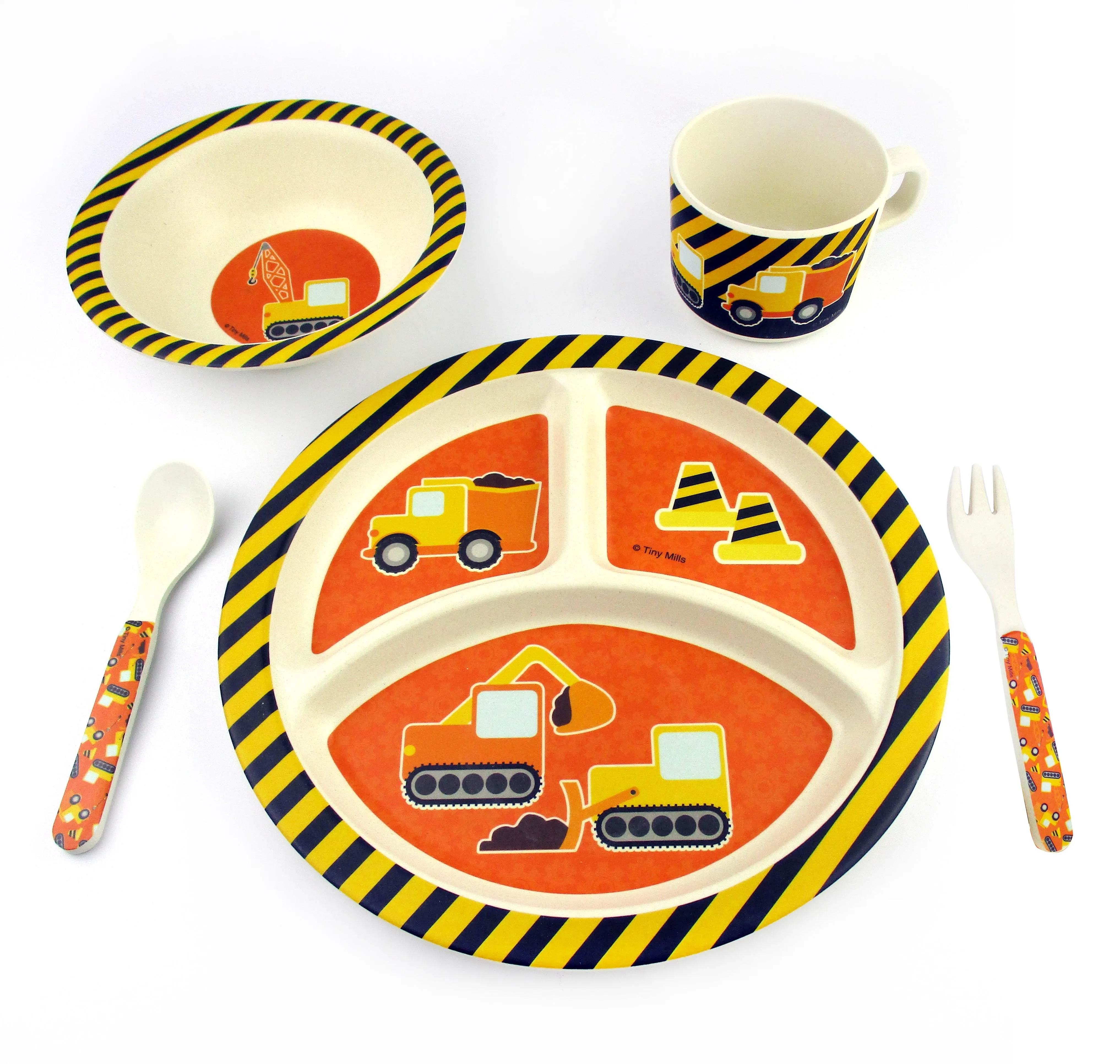 TINYMILLS 5-Piece Eco-Friendly Plant Fiber Dinnerware Set with Construction Trucks Design