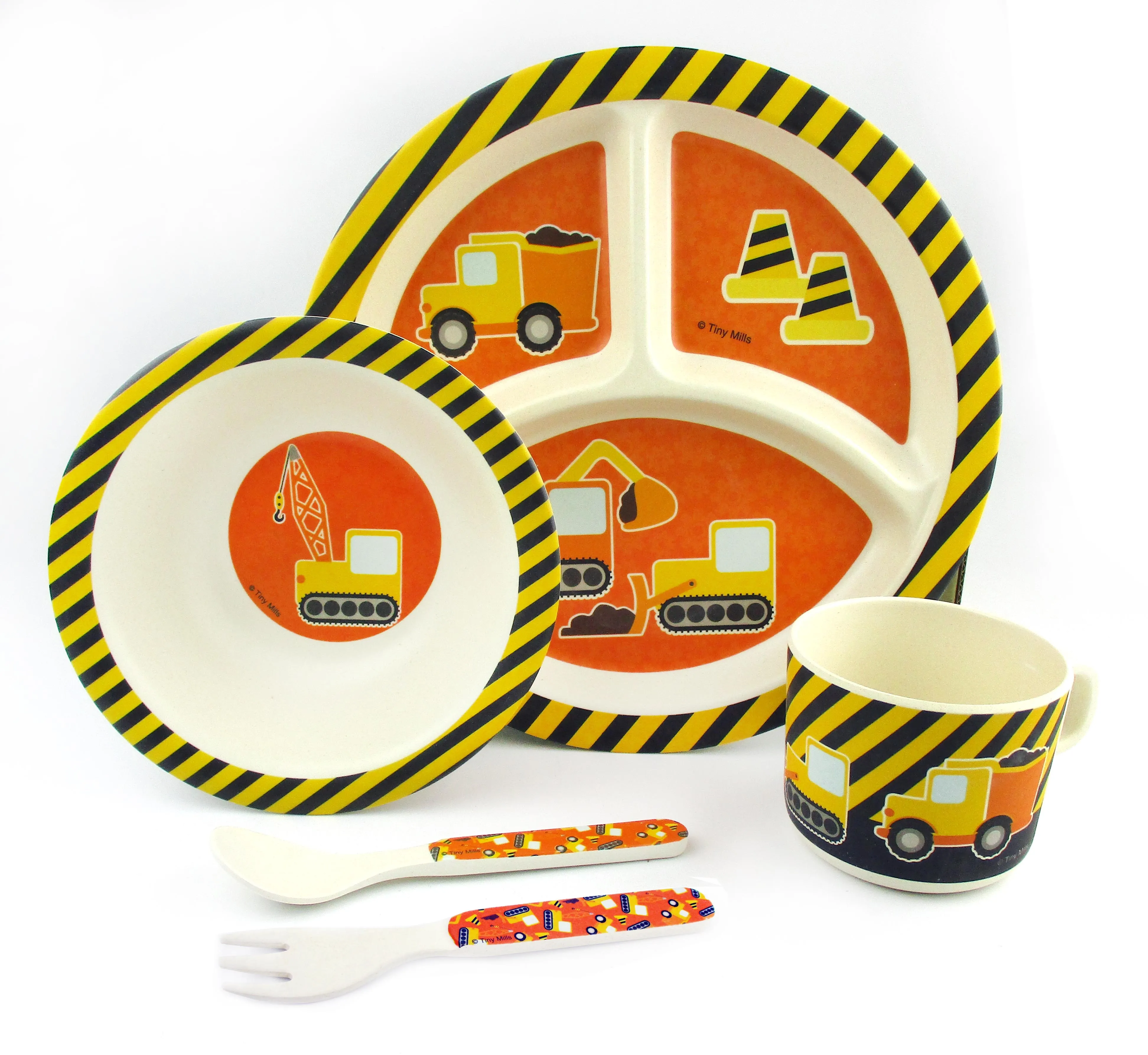 TINYMILLS 5-Piece Eco-Friendly Plant Fiber Dinnerware Set with Construction Trucks Design