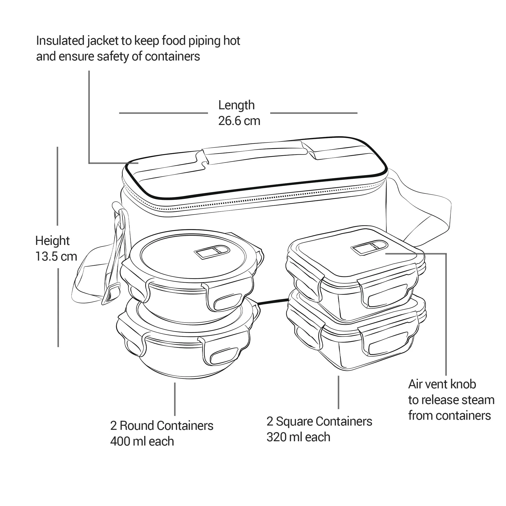 Treo by Milton All Fresh Omni Glass Tiffin with Jacket, Set of 4 (2 Round Container, 400 ml Each; 2 Square Container, 320 ml Each) Grey | Microwave & Oven Safe | Stackable | Leak Proof | Office