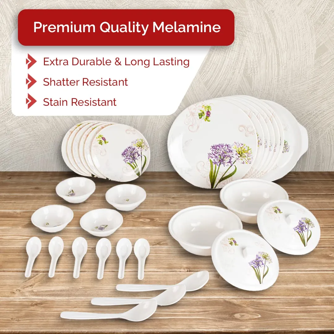 USHA SHRIRAM Dine Smart Melamine 32 Pieces Stylon Purple Flower Dinner Set Heat-Resistant | Durable | Shatter-Resistant | Light-Weight | BPA Free (Purple Flower)