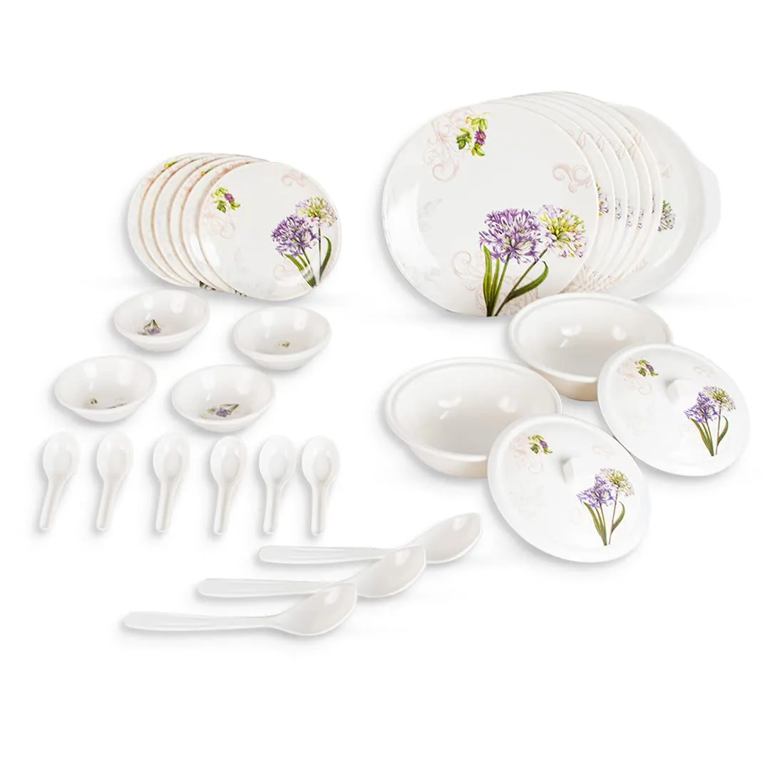 USHA SHRIRAM Dine Smart Melamine 32 Pieces Stylon Purple Flower Dinner Set Heat-Resistant | Durable | Shatter-Resistant | Light-Weight | BPA Free (Purple Flower)