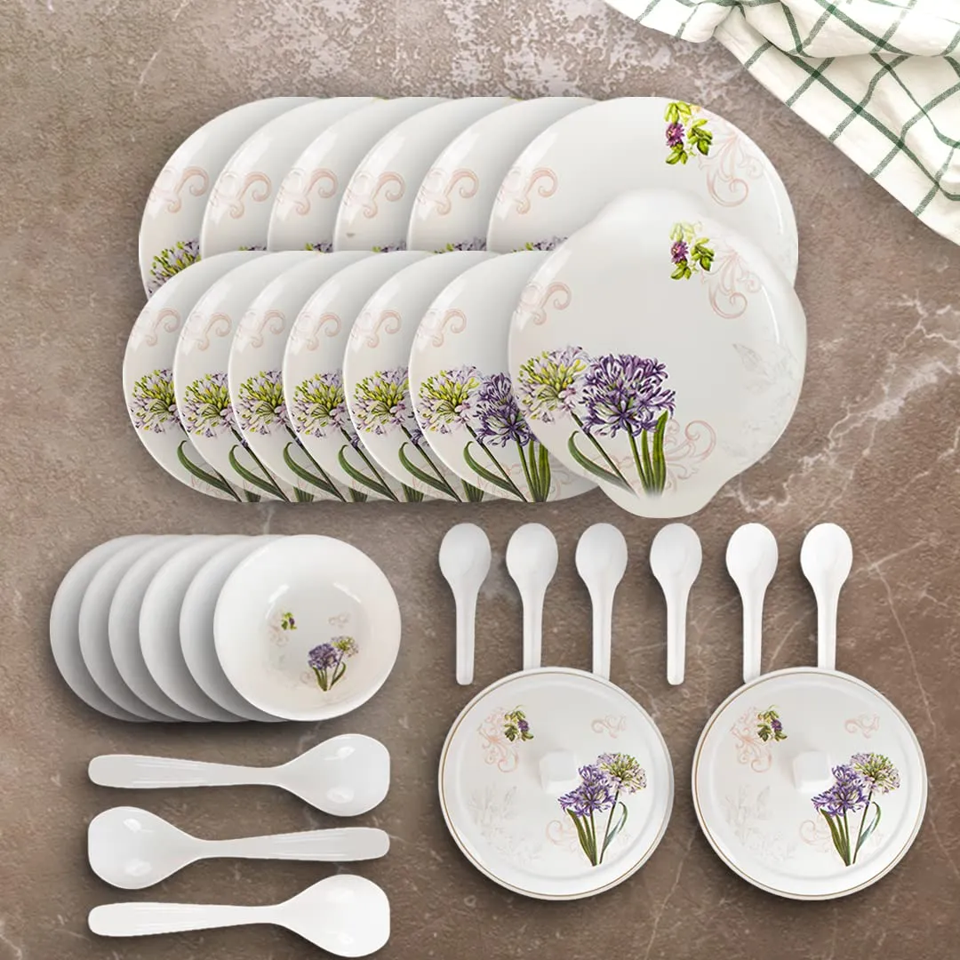 USHA SHRIRAM Dine Smart Melamine 32 Pieces Stylon Purple Flower Dinner Set Heat-Resistant | Durable | Shatter-Resistant | Light-Weight | BPA Free (Purple Flower)