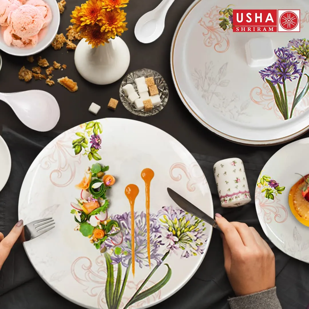 USHA SHRIRAM Dine Smart Melamine 32 Pieces Stylon Purple Flower Dinner Set Heat-Resistant | Durable | Shatter-Resistant | Light-Weight | BPA Free (Purple Flower)