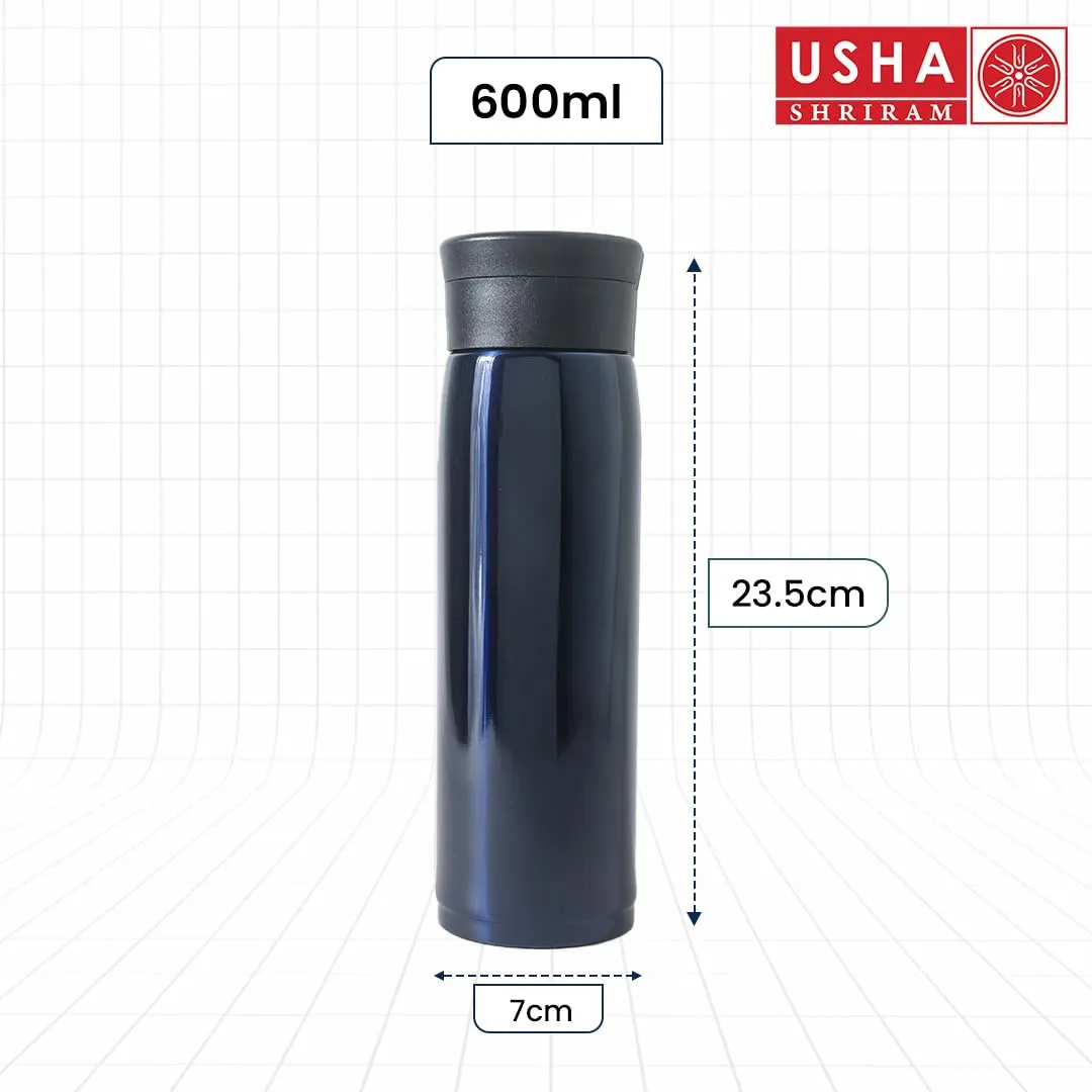 USHA SHRIRAM Insulated Stainless Steel Water Bottle (600ml) | Water Bottle for Home, Office & Kids | Hot for 18 Hours, Cold for 24 Hours | Rust-Free & Leak-Proof (Blue)