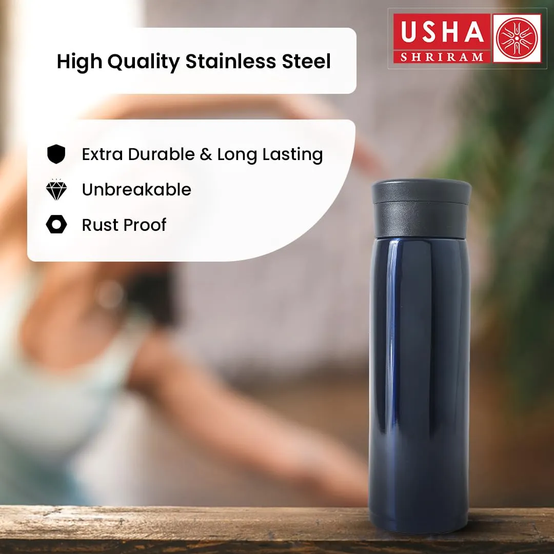 USHA SHRIRAM Insulated Stainless Steel Water Bottle (600ml) | Water Bottle for Home, Office & Kids | Hot for 18 Hours, Cold for 24 Hours | Rust-Free & Leak-Proof (Blue)