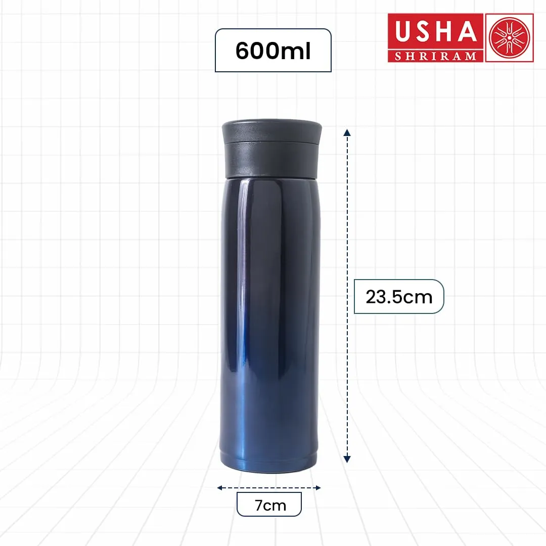 USHA SHRIRAM Insulated Stainless Steel Water Bottle (600ml) | Water Bottle for Home, Office & Kids | Hot for 18 Hours, Cold for 24 Hours | Rust-Free & Leak-Proof (Gradient Blue)