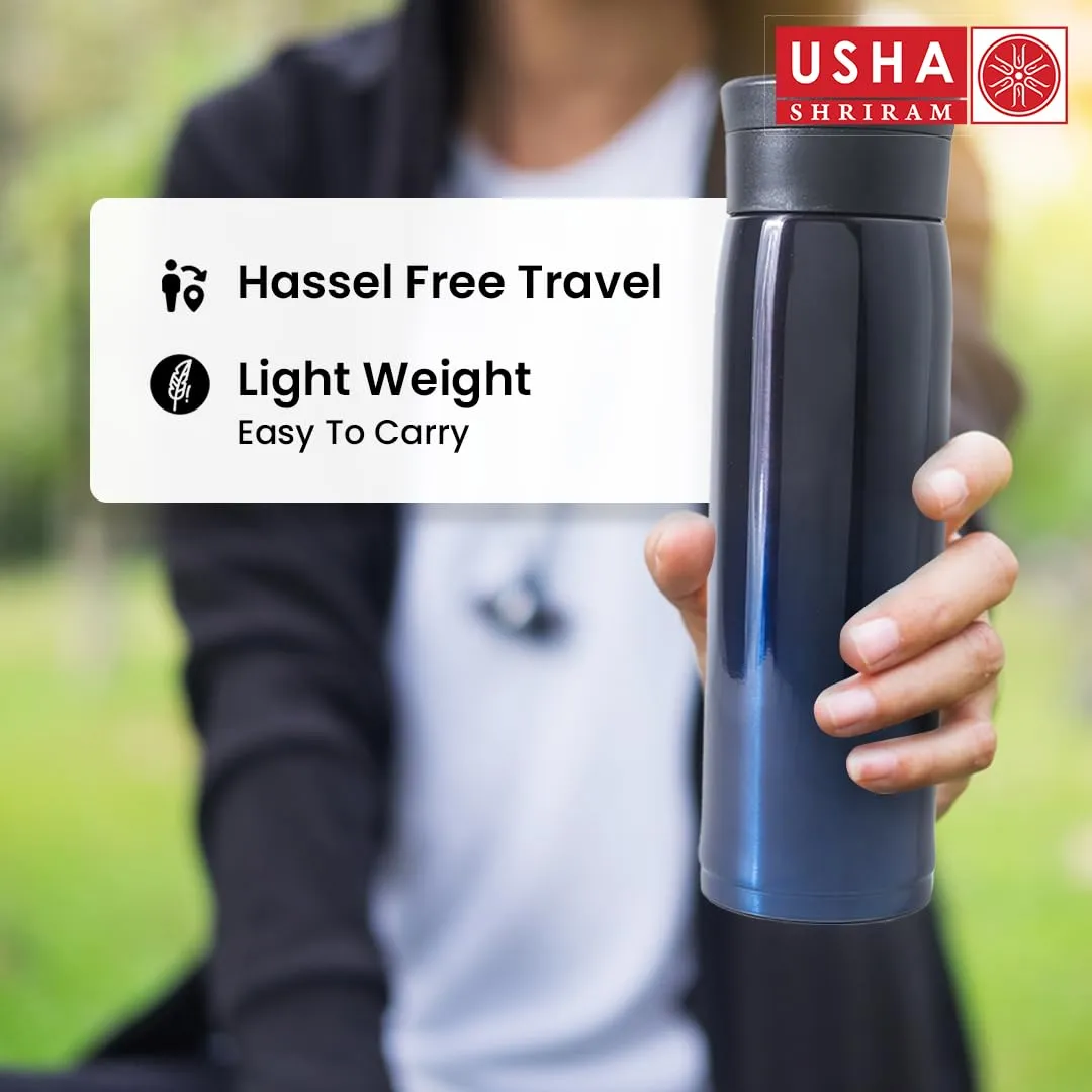 USHA SHRIRAM Insulated Stainless Steel Water Bottle (600ml) | Water Bottle for Home, Office & Kids | Hot for 18 Hours, Cold for 24 Hours | Rust-Free & Leak-Proof (Gradient Blue)