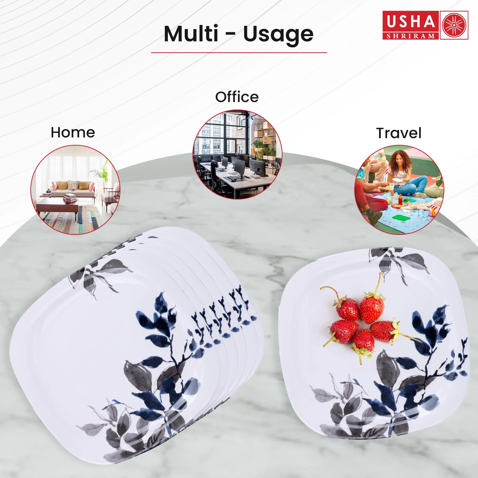 USHA SHRIRAM Melamine 6 Plate Set | Fibre Dinner Set for Family | Melamine Set | Unbreakable | Heat Resistant| Durable| Shatter Resistant | Light Weight| BPA Free (Blue Bail)