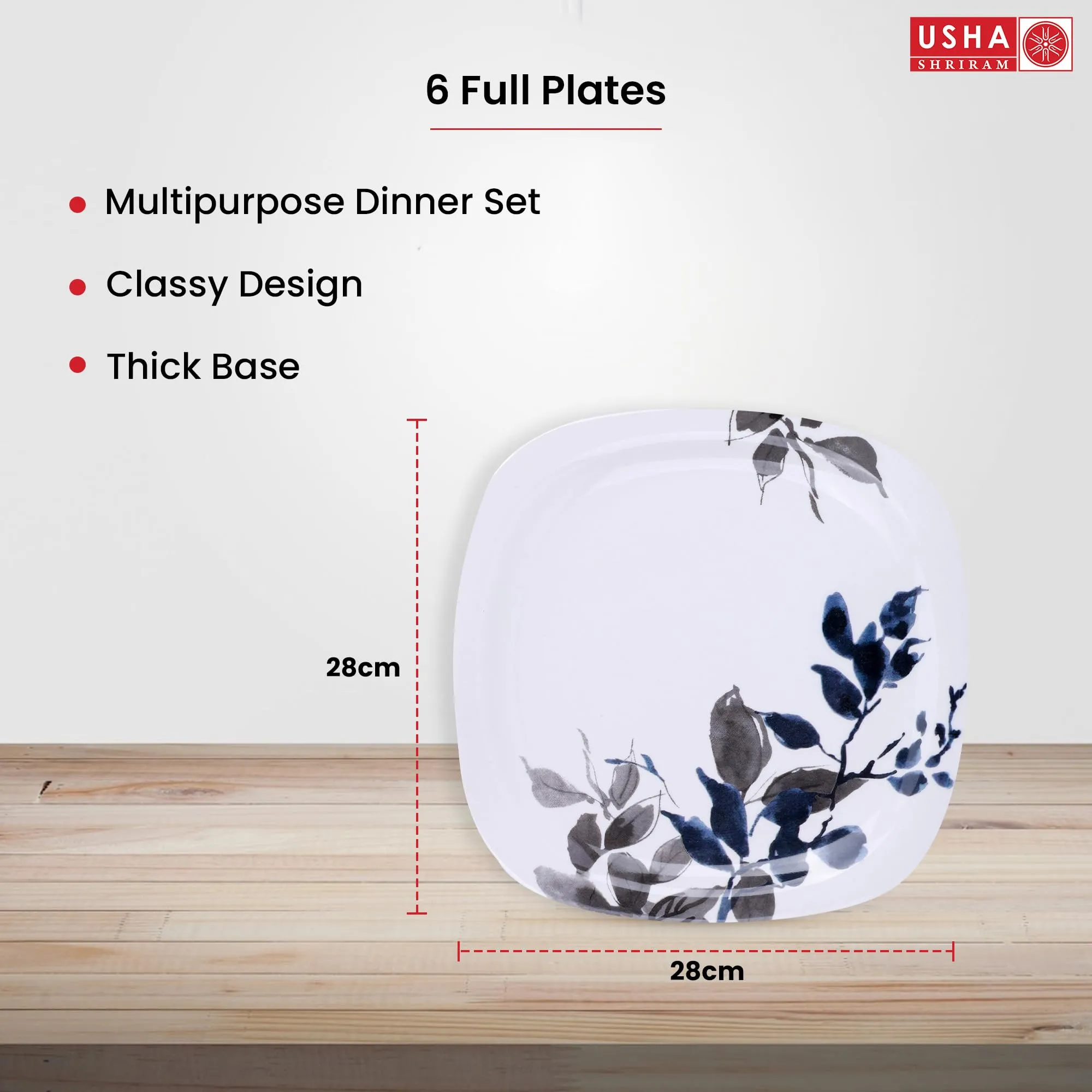 USHA SHRIRAM Melamine 6 Plate Set | Fibre Dinner Set for Family | Melamine Set | Unbreakable | Heat Resistant| Durable| Shatter Resistant | Light Weight| BPA Free (Blue Bail)