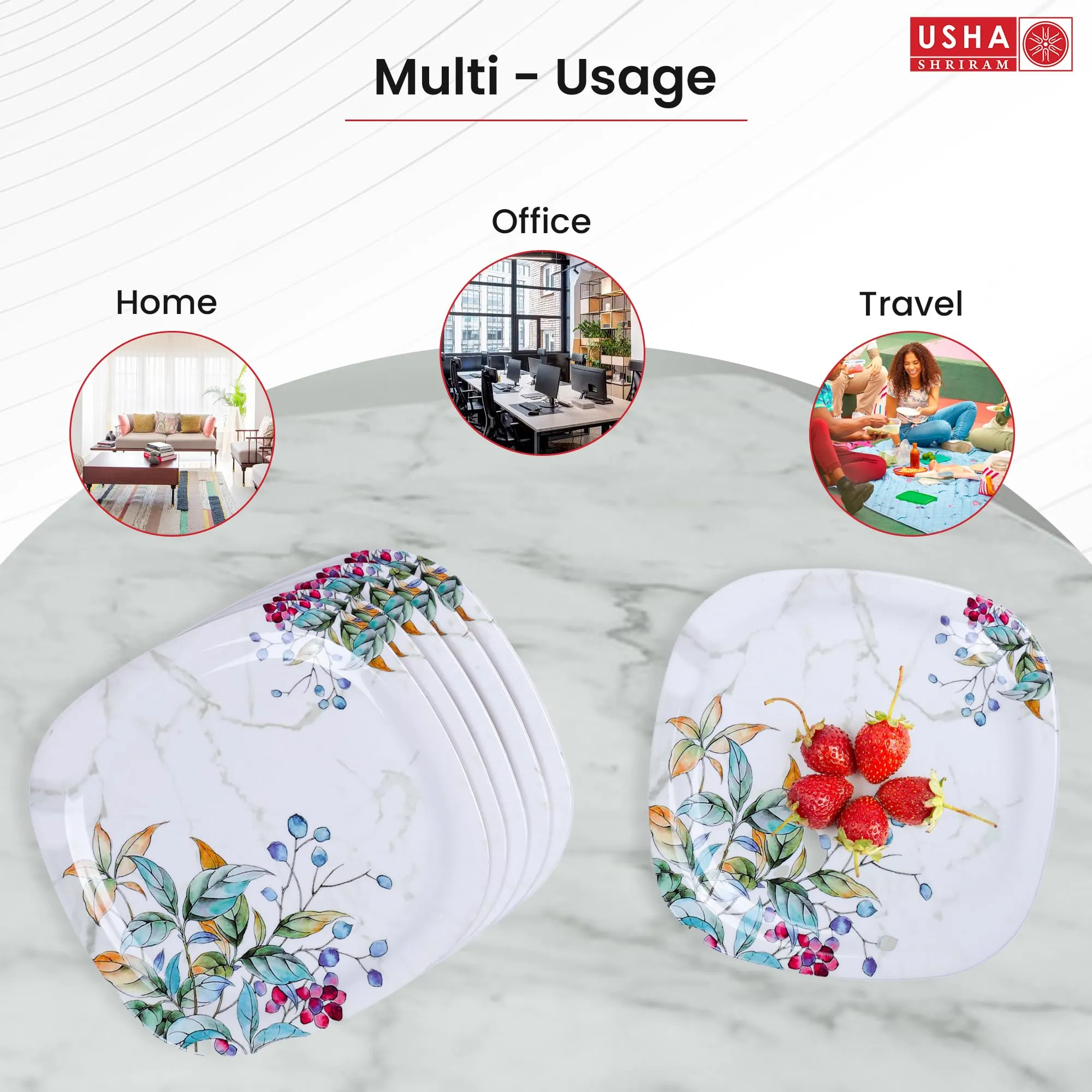 USHA SHRIRAM Melamine 6 Plate Set | Fibre Dinner Set for Family | Melamine Set | Unbreakable | Heat Resistant| Durable| Shatter Resistant | Light Weight| BPA Free (Green Marble Flower)