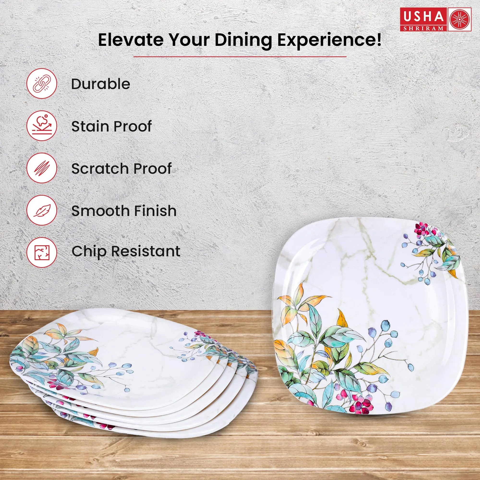 USHA SHRIRAM Melamine 6 Plate Set | Fibre Dinner Set for Family | Melamine Set | Unbreakable | Heat Resistant| Durable| Shatter Resistant | Light Weight| BPA Free (Green Marble Flower)