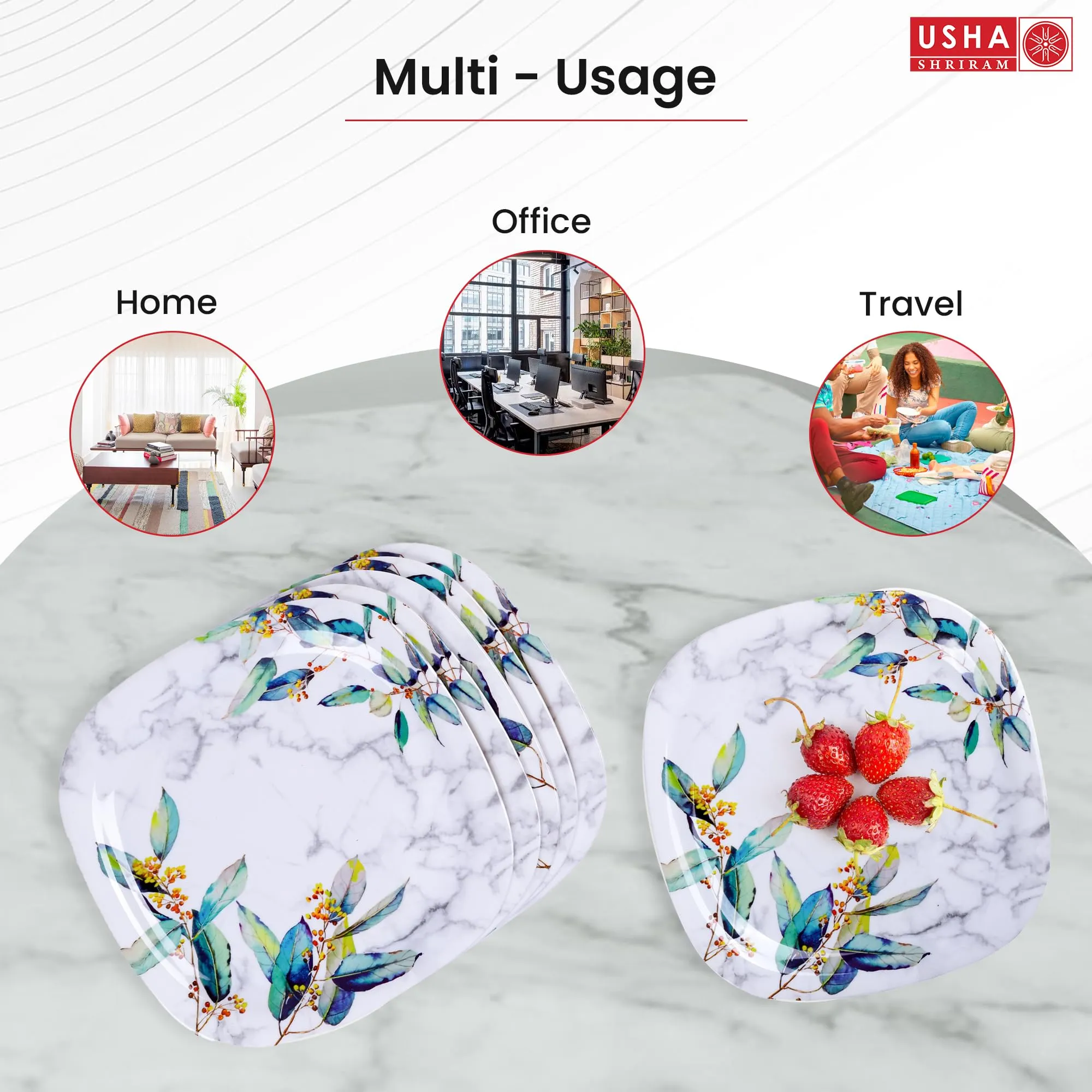 USHA SHRIRAM Melamine 6 Plate Set |Fibre Dinner Set for Family |Melamine Set | Unbreakable | Heat| Resistant| Durable| Shatter| Resistant| Light| Weight| BPA Free (Square - Blue Marble)