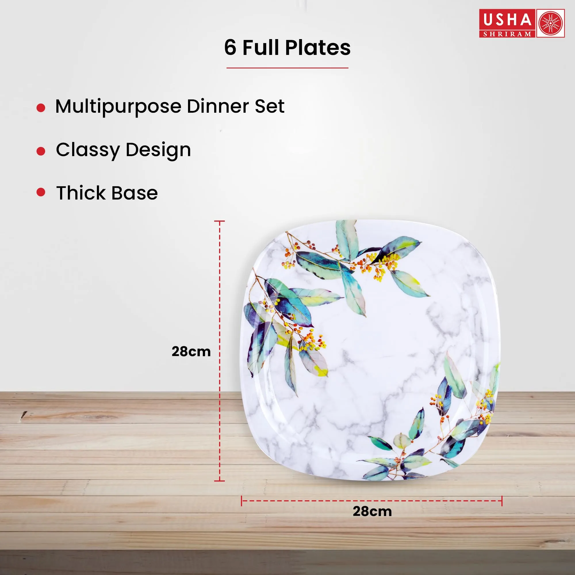 USHA SHRIRAM Melamine 6 Plate Set |Fibre Dinner Set for Family |Melamine Set | Unbreakable | Heat| Resistant| Durable| Shatter| Resistant| Light| Weight| BPA Free (Square - Blue Marble)