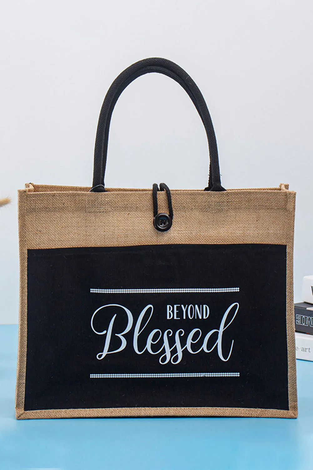 Vintage Black "BEYOND BLESSED" Burlap Bag